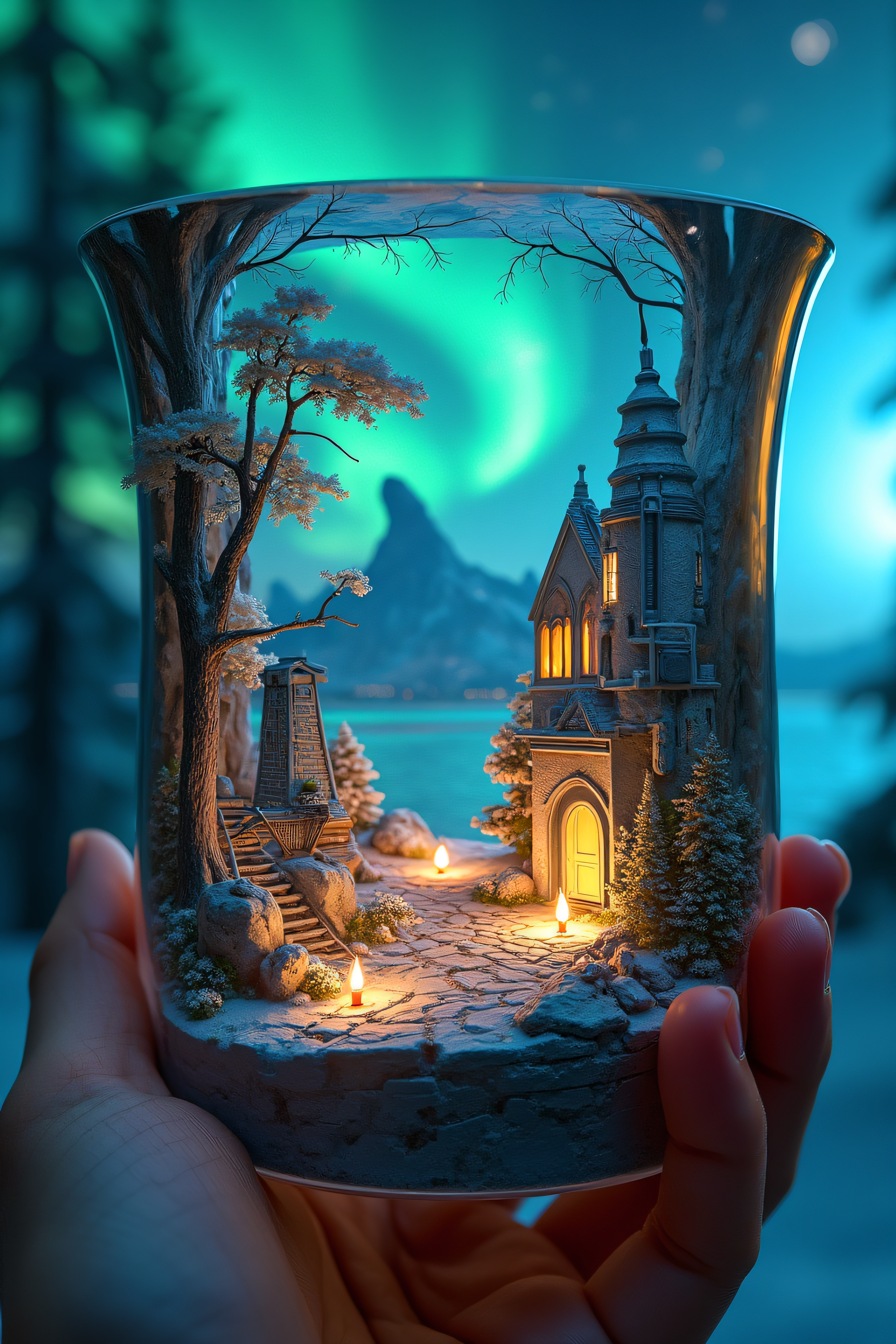 High-quality, 32k resolution, intricately detailed double exposure carving, epoxy glass diorama with hyper-detailed, surreal depiction of the aurora borealis and Northern lights. Futuristic buildings reminiscent of Zaha Hadid and Frank Gehry's designs are set within a landscape housed inside a cup. Ladder filigree, table, room, and net add a cinematic touch, alongside candles and the big-eyed style of Rockwell, Ryniac, Craola, Disney, and Van Gogh. The composition is highly detailed, intricate, and centered, with a focus on a perfectly posed girl hand and an HDR photo-detailed background