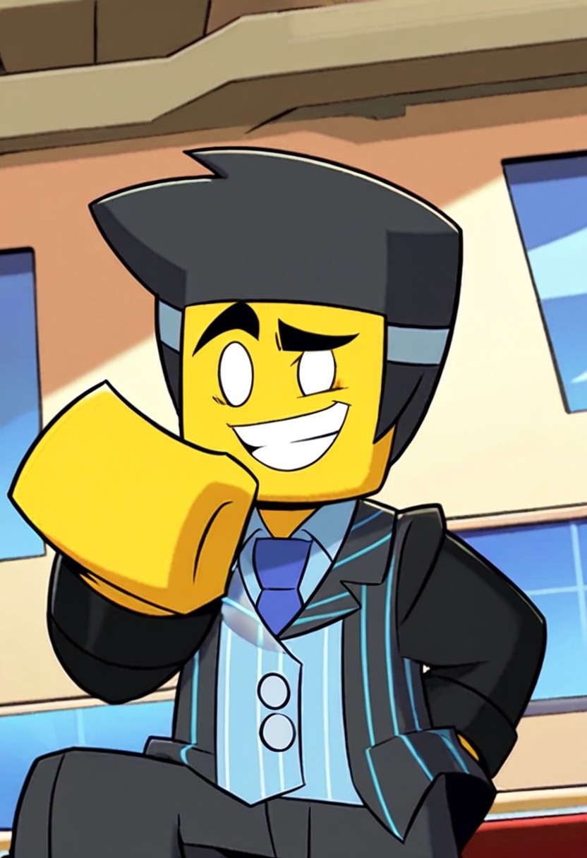 Mystic Mayor, Light blue shirt underneath, No pupils, Pure white eyes, Silver gray hair streaked with horizontal band of light blue, Yellow skin, black suit with blue stripes on the lounge jacket and the lapels, 1boy, solo, smile, looking at viewer, grin