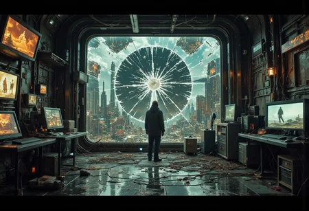 A dimly lit SCP containment chamber, its cold metal walls enclosing a cracked mirror in a black frame. The fractures pulse subtly, shifting in unnatural patterns, as if alive. Monitors, measurement devices, and system units flicker with glitching data, linked by tangled thick cables sprawled across the metallic floor. Some screens display distorted landscapes and cryptic symbols, others spike erratically, detecting something unknown.
The mirror’s surface is deep and infinite, reflecting glimpses of fractured realities—shadowy figures moving in voids, warped structures, impossible geometry. Occasionally, glitch-like distortions ripple through the air, momentarily warping reflections into incomprehensible visions. Some unknown presence lurks beyond the glass, watching but never fully seen.
A dim, unnatural glow pulses as monitors flicker with redacted SCP logs and indecipherable code. The deeper one stares into the mirror, the more realities twist and converge, forming a labyrinth of alternate existences. Faint, unintelligible whispers echo, repeating fragments of lost messages from beyond.
A VHS-horror, glitch-art, and SCP Foundation aesthetic, with grainy textures, chromatic aberrations, and digital artifacts, as if captured from classified SCP surveillance footage,(ne0nfant4sy, In the style of ff-td,80s vintage pulp sci-fi magazine cover,USCIFI)