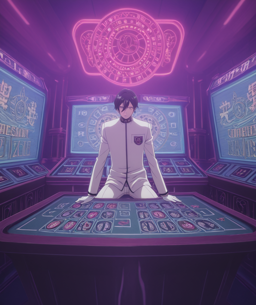 masterpiece, best quality, absurdres, <lora:anime_screencap-IllustriousV2:1>, anime screencap, anime coloring, 2d, anime style , <lora:Early_Persona_Megaten_Megapack_Persona_1_2_and_Shin_Megami_Tensei_If...-000019:1>, megaten, megaten,1boy,black_hair,crest,gakuran,gloves,hazama_ideo,hazama_ideo_(demon_emperor),karukozaka_uniform,pants,shin_megami_tensei,shin_megami_tensei:_if...,shirt,short_hair,solo,uniform,white_gloves,white_pants,white_shirt , casino_floor, gambling_machines, neon_signage, entertainment_complex, slot_machines, gaming_tables, artificial_lighting, luxurious_interior, las_vegas_style, excitement_atmosphere