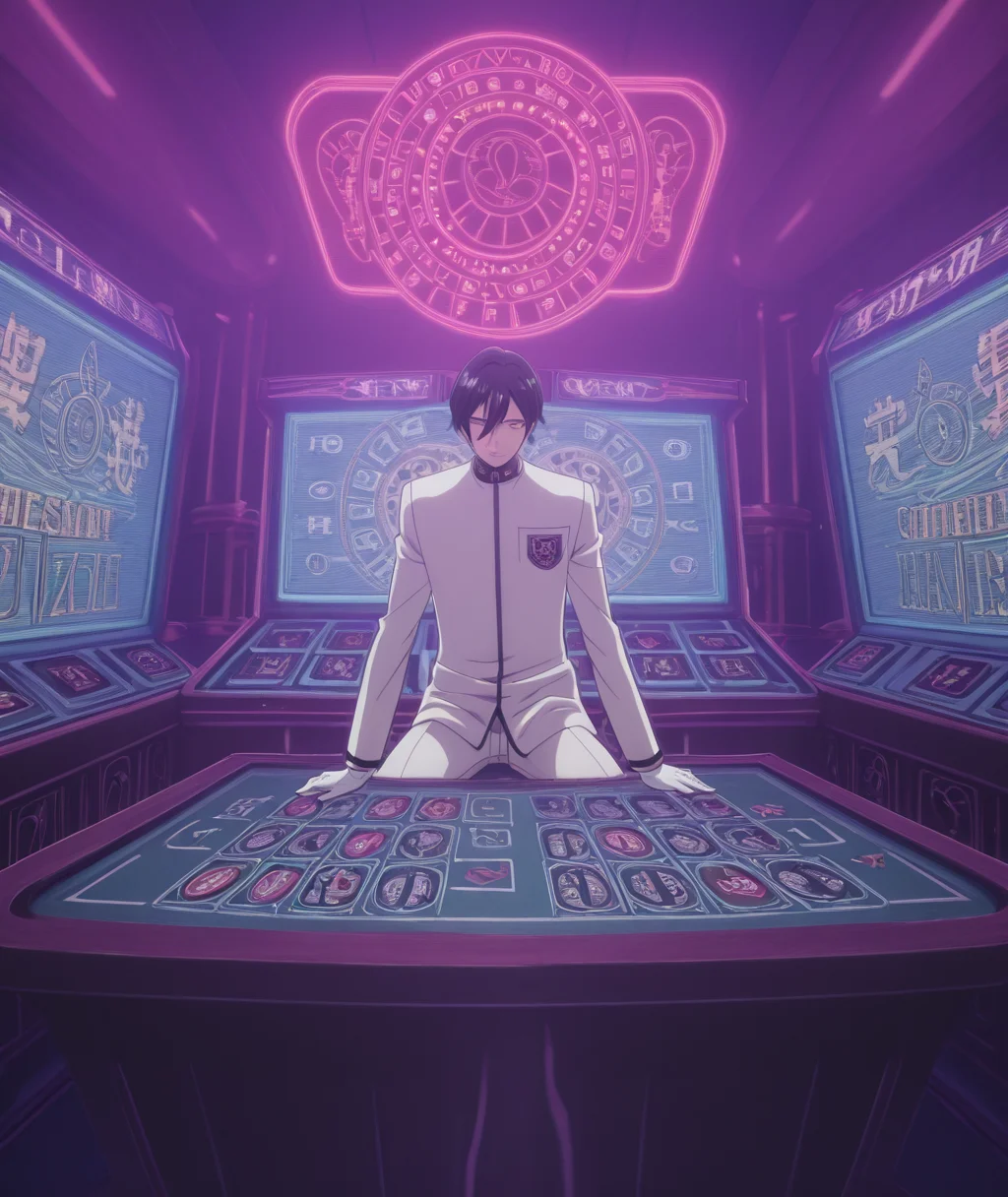 masterpiece, best quality, absurdres, <lora:anime_screencap-IllustriousV2:1>, anime screencap, anime coloring, 2d, anime style , <lora:Early_Persona_Megaten_Megapack_Persona_1_2_and_Shin_Megami_Tensei_If...-000019:1>, megaten, megaten,1boy,black_hair,crest,gakuran,gloves,hazama_ideo,hazama_ideo_(demon_emperor),karukozaka_uniform,pants,shin_megami_tensei,shin_megami_tensei:_if...,shirt,short_hair,solo,uniform,white_gloves,white_pants,white_shirt , casino_floor, gambling_machines, neon_signage, entertainment_complex, slot_machines, gaming_tables, artificial_lighting, luxurious_interior, las_vegas_style, excitement_atmosphere