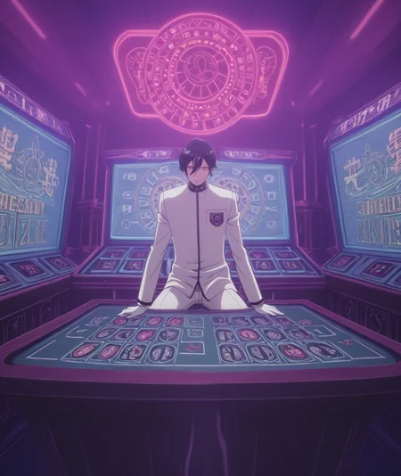 masterpiece, best quality, absurdres, <lora:anime_screencap-IllustriousV2:1>, anime screencap, anime coloring, 2d, anime style , <lora:Early_Persona_Megaten_Megapack_Persona_1_2_and_Shin_Megami_Tensei_If...-000019:1>, megaten, megaten,1boy,black_hair,crest,gakuran,gloves,hazama_ideo,hazama_ideo_(demon_emperor),karukozaka_uniform,pants,shin_megami_tensei,shin_megami_tensei:_if...,shirt,short_hair,solo,uniform,white_gloves,white_pants,white_shirt , casino_floor, gambling_machines, neon_signage, entertainment_complex, slot_machines, gaming_tables, artificial_lighting, luxurious_interior, las_vegas_style, excitement_atmosphere