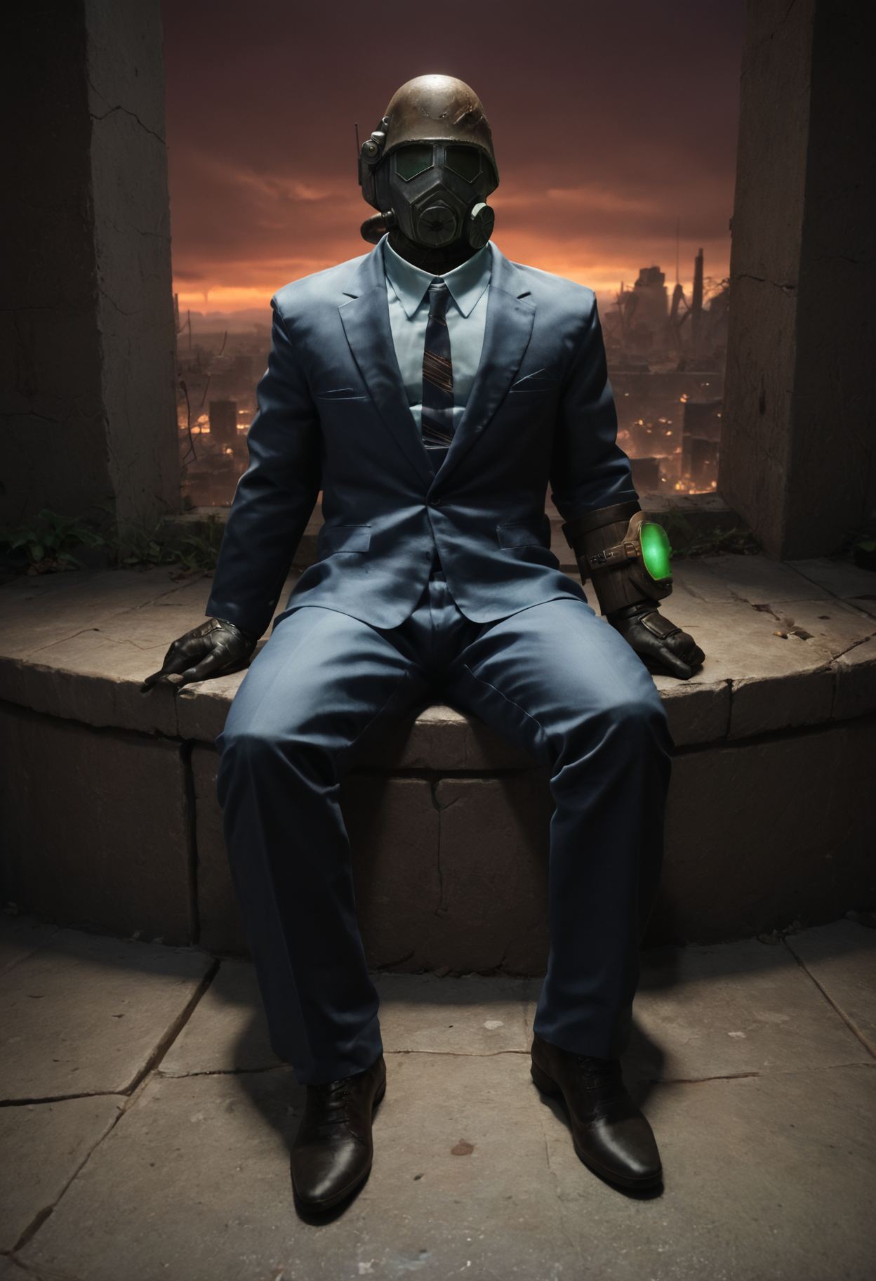 (score_9, score_8_up:1.1), score_7_up, realistic photograph
d3sertranger, helmet, 1boy, reclining male solo, (muscular), black gloves, gas mask, formal, blue suit, full body, front view, night starry_sky sunset city ruins, <lora:desert_ranger_v1.1.6_pony:1>