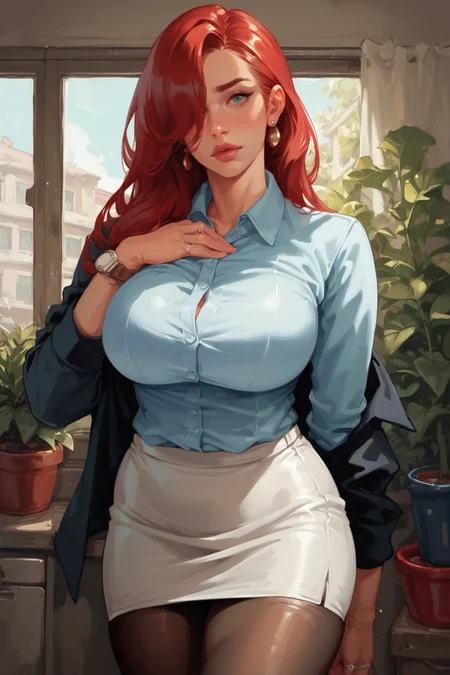 1girl, breasts, jewelry, pantyhose, solo, earrings, skirt, red hair, mature female, large breasts, office lady, blush, ring, indoors, watch, jacket, long hair, wristwatch, pencil skirt, black pantyhose, looking at viewer, hand on own chest, white skirt, formal, standing, hair over one eye, suit, blurry background, long sleeves, wedding ring, miniskirt, potted plant,, zPDXL3, detailxl, Score_PnyReal, (lineless:1.5)