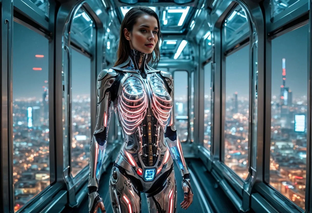 FULL BODY SHOT, extremely detailed, (DYNAMIC POSES:1.5) FO A BEAUTIFUL FEMALE ANDROID (SEDUCTIVE SMILING:1.3), looking at the camera, IN A HIGH TECH FUTURISTIC LIFT OVERLOOKING THE CITY, LEDS,BIOMECHANICAL BODY PARTS, (glass TRANSPARENT ULTRA DETAILED BODY:1.5) SHOWING CIRCUITRY INSIDE THE BODY, Detailed hand, , Perfect hand,ANDROID
