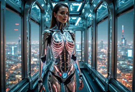 FULL BODY SHOT, extremely detailed, (DYNAMIC POSES:1.5) FO A BEAUTIFUL FEMALE ANDROID (SEDUCTIVE SMILING:1.3), looking at the camera, IN A HIGH TECH FUTURISTIC LIFT OVERLOOKING THE CITY, LEDS,BIOMECHANICAL BODY PARTS, (glass TRANSPARENT ULTRA DETAILED BODY:1.5) SHOWING CIRCUITRY INSIDE THE BODY, Detailed hand, , Perfect hand,ANDROID