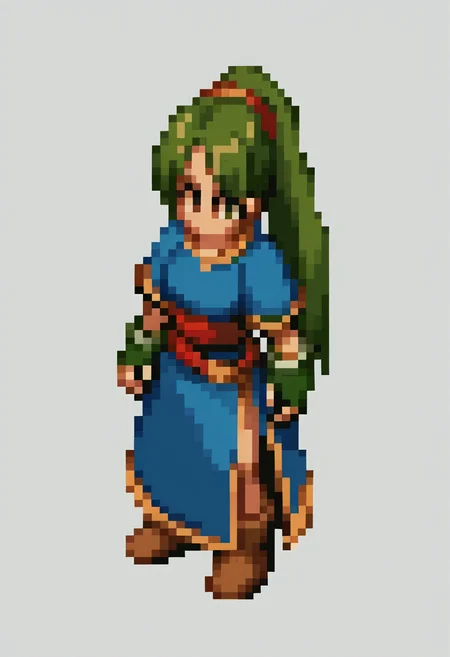 score_9, score_8_up, score_7_up, source_anime, BREAK, solo, 1girl, <lora:FFT-SpritesV2-pdxl_Fp:1>, looking at viewer, straight-on, full body, standing, solid oval eyes, no mouth, no nose, pixel art, from side, <lora:lyn-pdxl-nvwls-v1:0.8>, defLyn, green hair, high ponytail, blue dress, short sleeves, sash, side slit, fingerless gloves, boots,