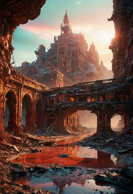 a large spaceship around a frozen planet is attacked by enemy rockets, .sunset, red.ancient ruined city, bridges, dip, apocalypse. rays.puddle, the fog, the mystical light, professional photography, natural lighting, volumetric lighting maximalist. intricately detailed, complex, elegant, expansive, fantastical, film photography style, light grain, medium grain, heavy grain
