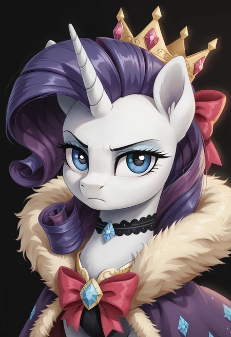 score_9, score_8_up, score_7_up, score_6_up, score_5_up, score_4_up, score_3_up, score_2_up, score_1_up, g4, solo, my little pony, pony, feral pony, rarity, fur coat, dress, jewelry, choker, crown, serious, bows, ribbons, black background, simple background, look at you, cute, glare, high res, detailed face, portrait, bust, face