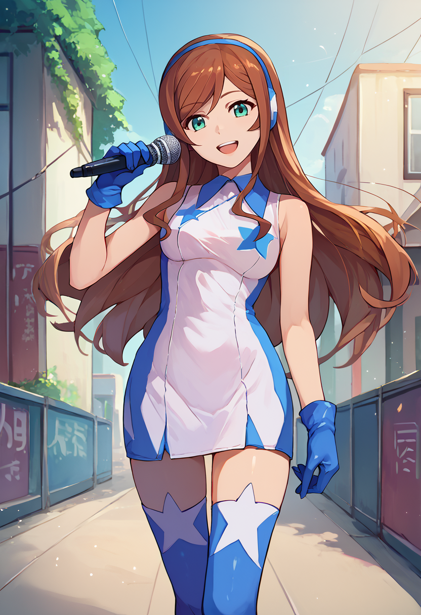 score_9, score_8_up, score_7_up, front view, solo, 1girl, kamiki mirai, smile, open mouth, looking at viewer, holding microphone, headphones, short dress, sleeveless dress, blue gloves, blue thighhighs, outdoors <lora:gundam_miraikamiki_ponyXL-000009:1>