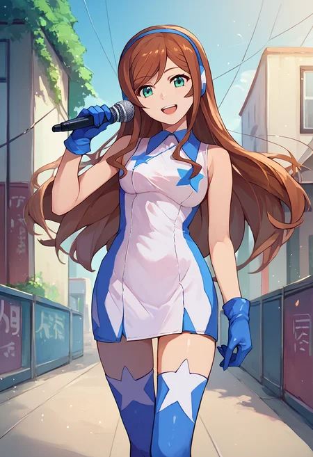 score_9, score_8_up, score_7_up, front view, solo, 1girl, kamiki mirai, smile, open mouth, looking at viewer, holding microphone, headphones, short dress, sleeveless dress, blue gloves, blue thighhighs, outdoors <lora:gundam_miraikamiki_ponyXL-000009:1>