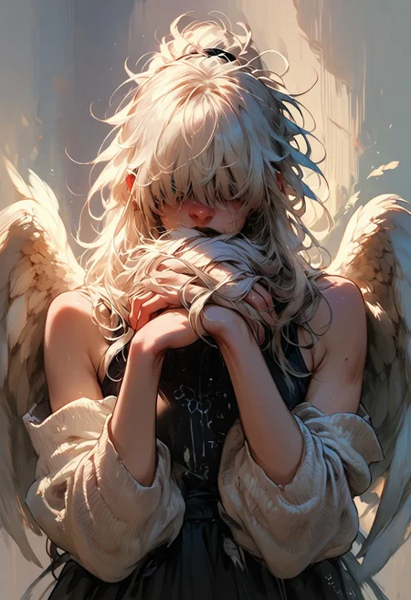 score_9, score_8_up, score_7_up, score_6_up, score_5_up, score_4_up, 1girl, w1ngs, angel wings, white hair, messy hair, hair covering eyes, hair over eyes, blunt bangs, ponytail, black lipstick,