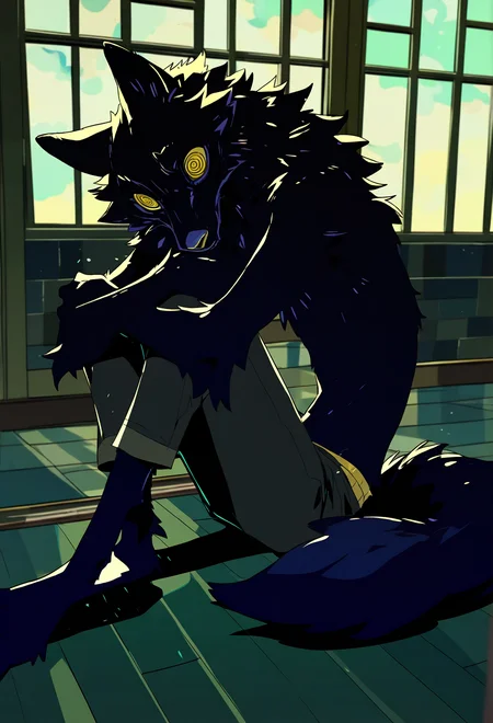 male, solo, wolf, slim, skinny, top heavy, fur, fluffy, detailed fur, indoors, window, summer, hugging own legs, on ground, indoors, @_@, spiral eyes, yellow eyes, black_fur, monotone fur, pants,  BREAK masterpiece, best quality, newest,  high quality, very aesthetic, very awa,   <lora:Hades-style:1> h4d3s,