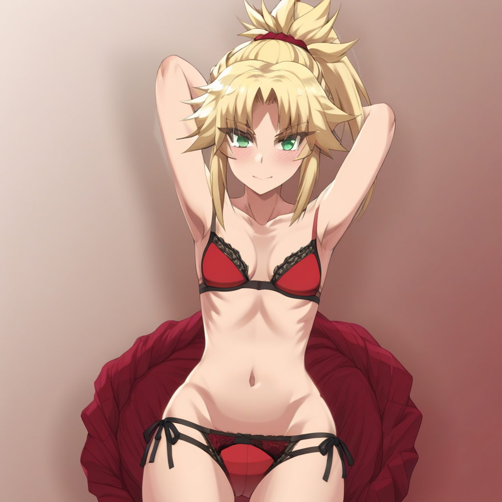 MORDRED PENDRAGON, MORDRED, 1GIRL, SMALL BREASTS, UNDERWEAR, BLONDE HAIR, PANTIES, SOLO, NAVEL, TOPLESS, NIPPLES, PONYTAIL, RED SCRUNCHIE, LONG HAIR, BRAID, GREEN EYES, FATE GRAND ORDER