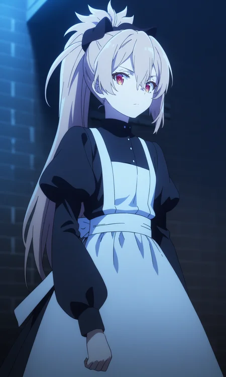 <lora:menou_virginrd_SDXLv1.1-000031:0.9>, menou, 1girl, solo, ponytail, hair bow, hair between eyes, white pupils, flat chest, looking at viewer, closed mouth, expressionless, black dress, long sleeves, juliet sleeves, white apron, outdoors, night, brick wall, moonlight, cowboy shot, cinematic angle, (masterpiece), (best quality), (ultra-detailed), very aesthetic, illustration, perfect composition, intricate details,