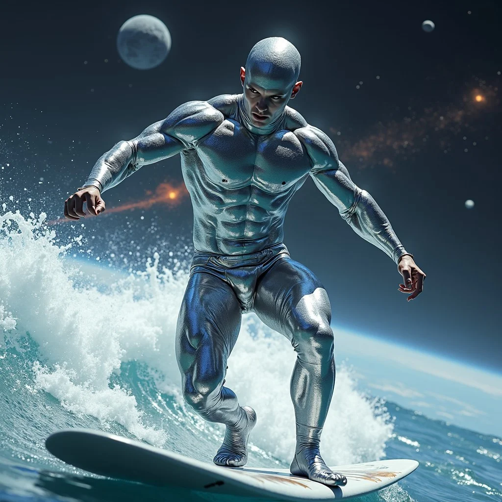 a zoomed out shot of a beautiful 18yo male scandanavian bodybuilder silver surfer coated in silver with a massive pecs and deep cleavage and rippling abdominals, He is flying on his surfboard through space with planets exploding, full body shot, cover model looks, skin details, ultrarealistic, hyperdetailed photography, vibrant lighting, bulging muscles, glossy costtume arrogant swagger, his waist is narrow, narrow hips, His arms are raised out to his side and he's flexing huge biceps.