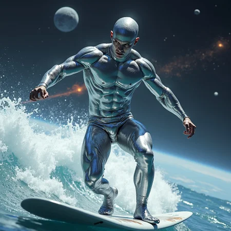 a zoomed out shot of a beautiful 18yo male scandanavian bodybuilder silver surfer coated in silver with a massive pecs and deep cleavage and rippling abdominals, He is flying on his surfboard through space with planets exploding, full body shot, cover model looks, skin details, ultrarealistic, hyperdetailed photography, vibrant lighting, bulging muscles, glossy costtume arrogant swagger, his waist is narrow, narrow hips, His arms are raised out to his side and he's flexing huge biceps.