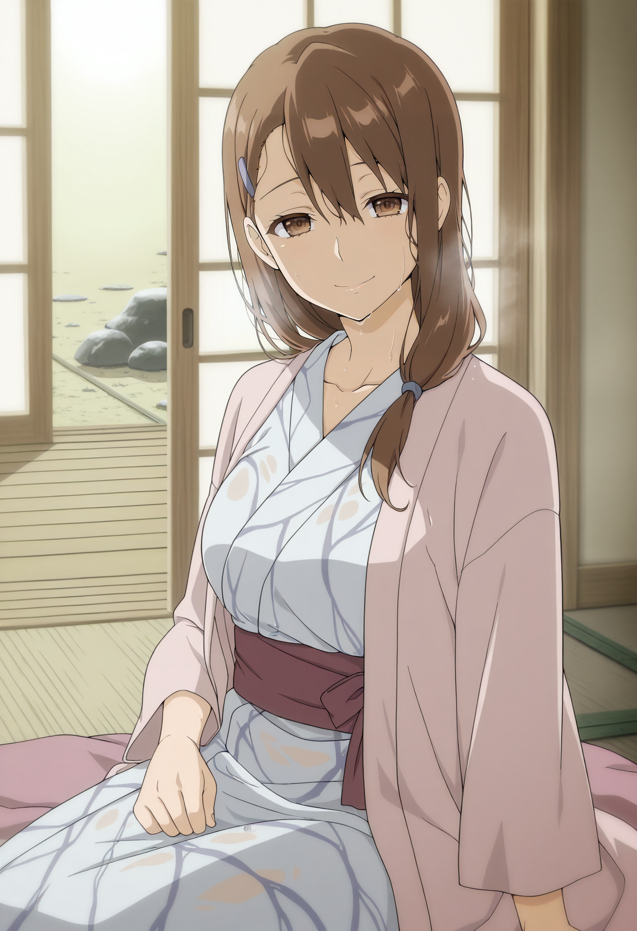 1girl,solo,Touko,mature female,brown hair,long hair,brown eyes,hairclip,anime coloring,
yukata,wet,steaming body, after bathing, sitting,tatami,ryokan,looking at viewer, smile
,masterpiece,best quality,amazing quality,<lora:Touko_Yadomi-Anohana:0.8>