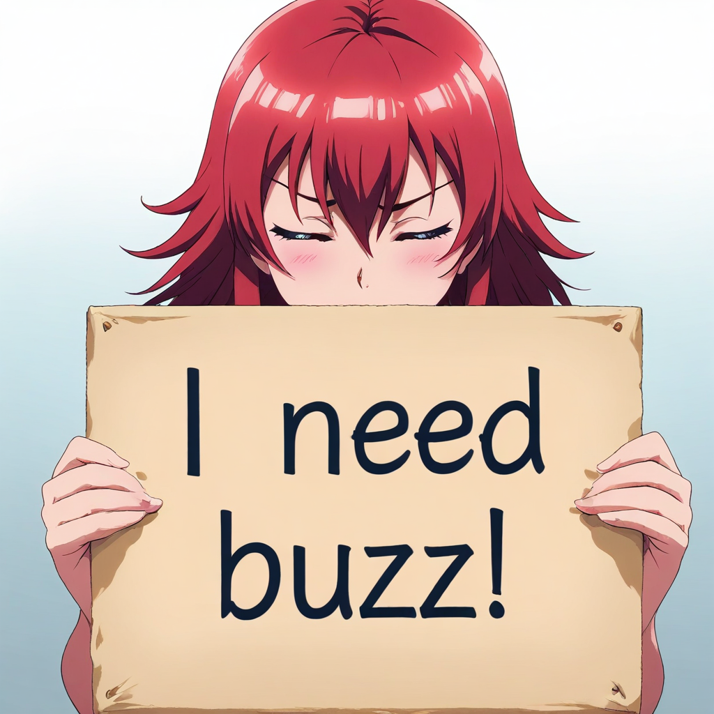 masterpiece, need_buzz, holding sign, source_anime, 1girl, red hair, closed eyes, confident, gradient background
