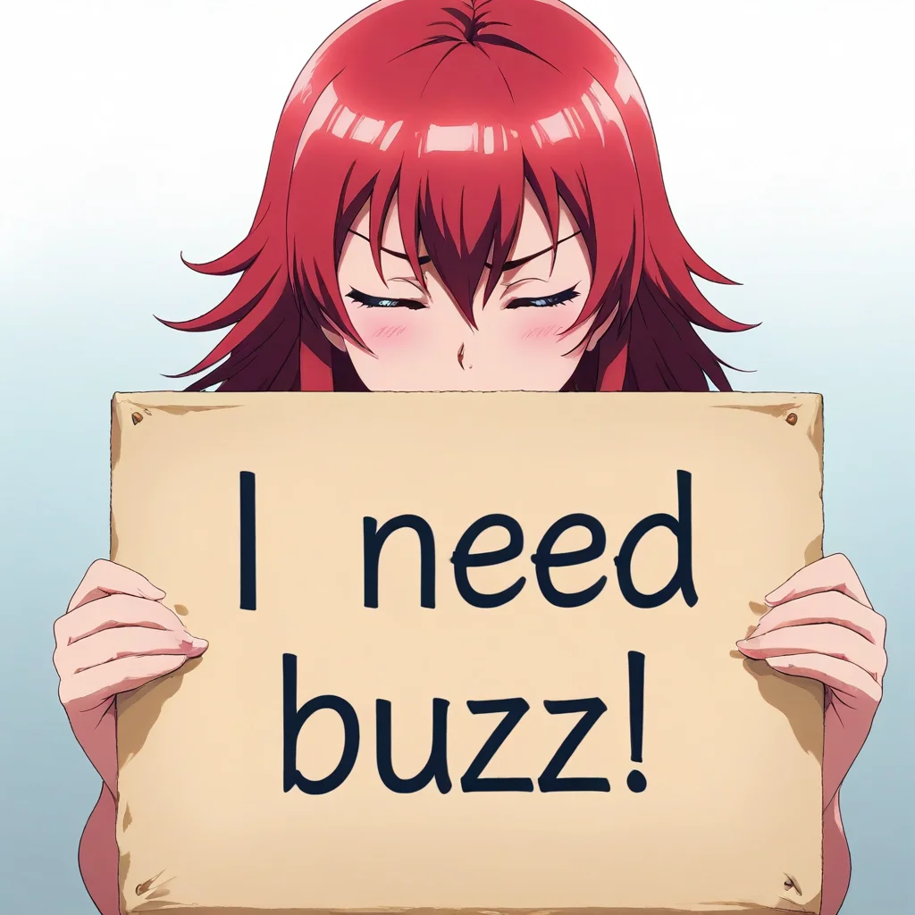 masterpiece, need_buzz, holding sign, source_anime, 1girl, red hair, closed eyes, confident, gradient background