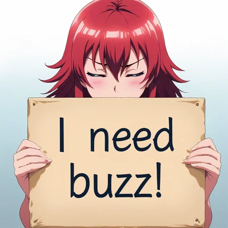 masterpiece, need_buzz, holding sign, source_anime, 1girl, red hair, closed eyes, confident, gradient background