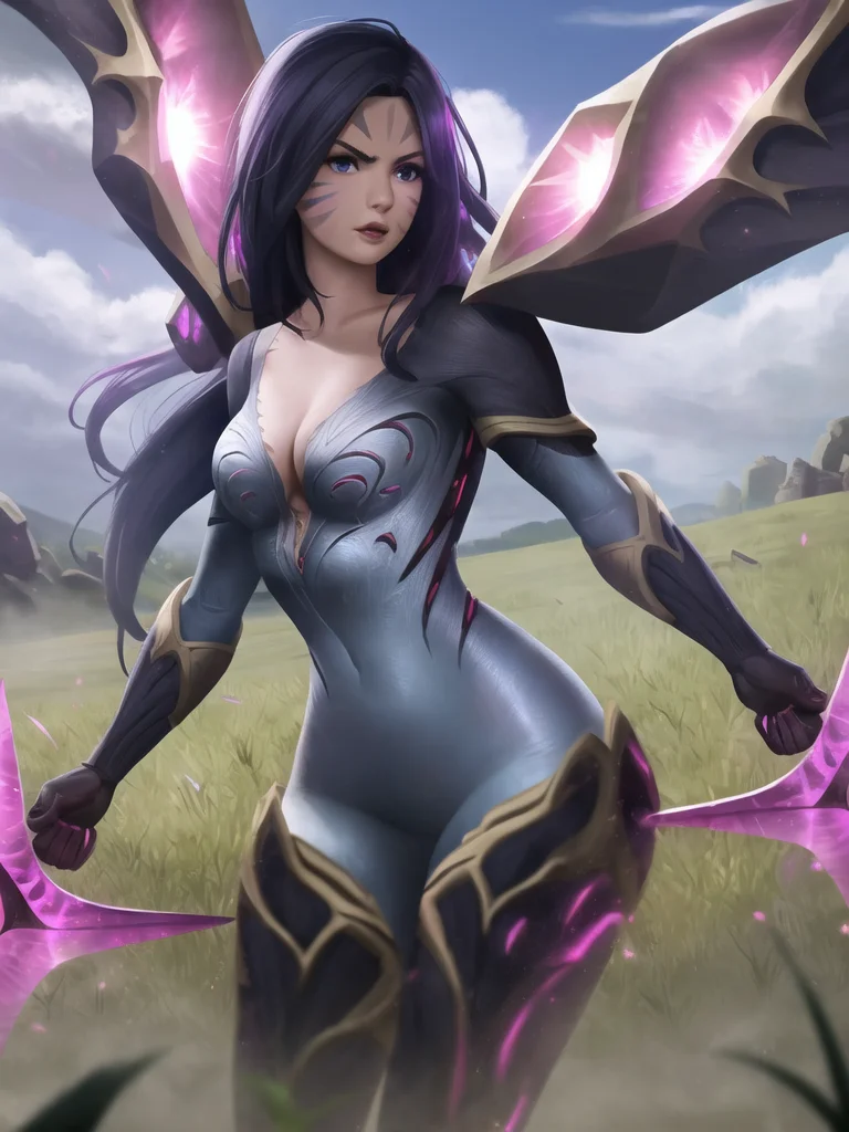grass, sky, field, kai'sa, league of legends, 1girl, looking at viewer, breasts, solo, medium breasts, long hair, facial mark, bodysuit, skintight, cleavage, black hair, cowboy shot, collarbone, parted lips, weapon, void wings <lora:kaisa-000034:1>