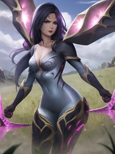 grass, sky, field, kai'sa, league of legends, 1girl, looking at viewer, breasts, solo, medium breasts, long hair, facial mark, bodysuit, skintight, cleavage, black hair, cowboy shot, collarbone, parted lips, weapon, void wings <lora:kaisa-000034:1>