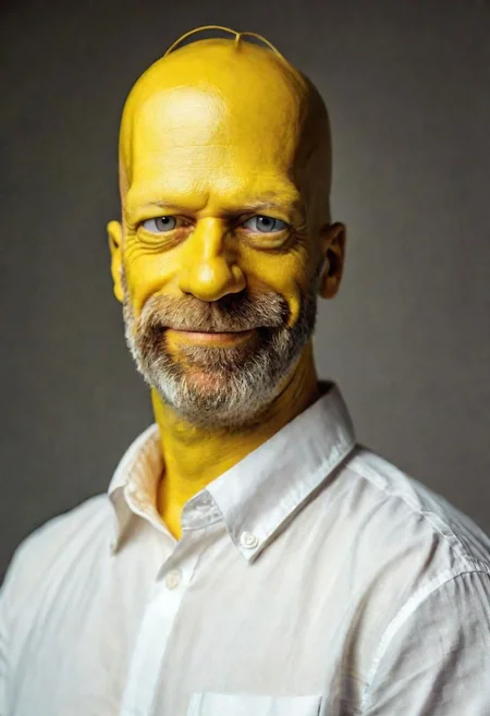cinematic photo bald man,yellow painted skin and head,male focus,beard,close up on face,funny smile,white shirt,40 y.o,(Homer Simpson character:01.5) . 35mm photograph, film, bokeh, professional, 4k, highly detailed