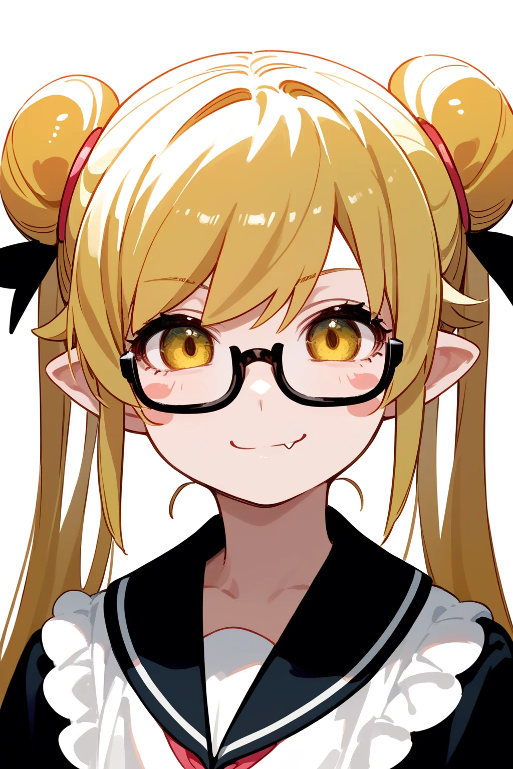 (score_9,score_8_up,score_7_up,),<lora:shinobu:0.9>,oshino shinobu,solo,blonde hair,yellow eyes,pointy ears,blush stickers,fang,fashion,fur \(clothing\),crossed_legs,(face focus:1.2),upper body,portrait,twintails,hair bun,black-framed eyewear,ok_sign,smile,