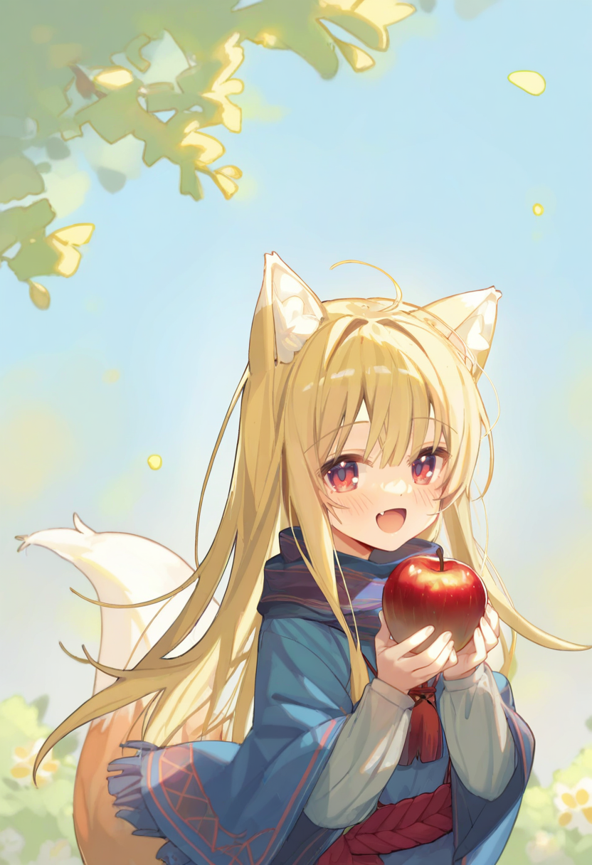 (artist:ningen mame:0.95),artist:ciloranko,(artist:sho \(sho lwlw\):0.95),(tianliang duohe fangdongye:0.91),(eip \(pepai\):0.95),(rukako:0.95),(memmo:0.86),(hoshi \(snacherubi\):0.78),(nibiiro shizuka:0.78),(masterpiece,best quality,ultra_detailed,highres,absurdres:1.2,amazing quality,very aesthetic),<lora:grtw style_noobai_v1-000015:0.8>,grtw,holo, 1girl, solo,holding apple,open mouth, smile, blush, upper body, standing,