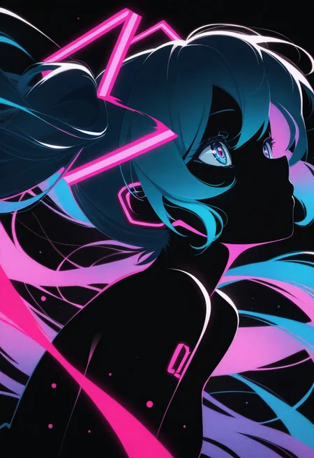 silhouette character, black ink, neon colors, colors splash effect, flowing hair, Masterpiece, clean lines, sharp, focused subject, minimalistic composition, side view, upper body view. blue and pink neon lights, black background, futuristic, Hatsune Miku, dynamic motion, dynamic angle, vibrant colour