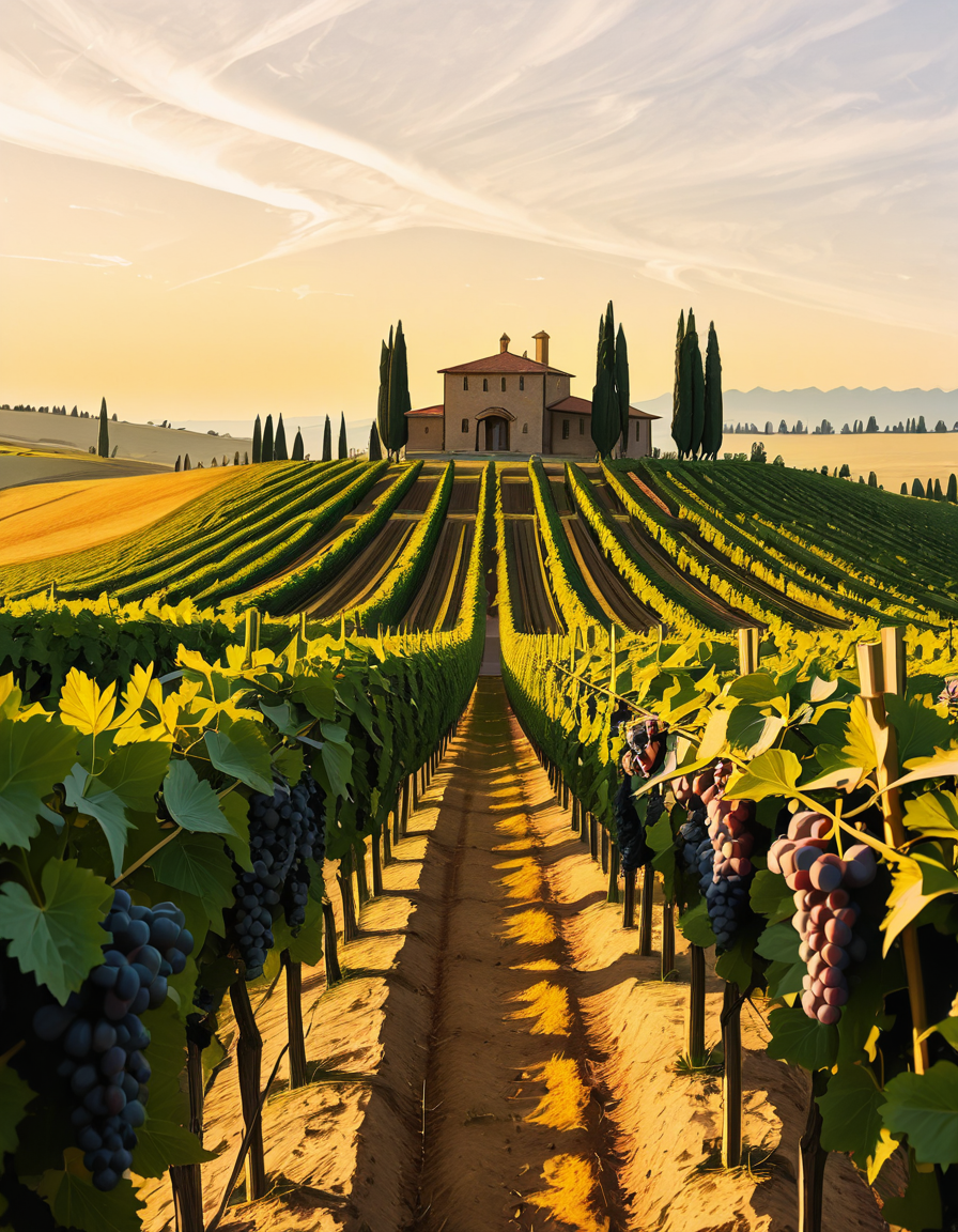 A breathtaking vineyard stretching across rolling hills, bathed in the warm golden light of late afternoon. The neatly aligned rows of grapevines are lush and vibrant, their deep green leaves contrasting with the rich, fertile soil beneath them. The vines are heavy with ripe, plump grapes in shades of deep purple and rich green, glistening under the sunlight. In the background, a rustic stone farmhouse with a terracotta roof sits atop a small hill, surrounded by tall cypress trees. A narrow dirt path winds through the vineyard, leading towards the farmhouse. The sky is a soft blue with wispy clouds scattered across the horizon. In the distance, a range of low mountains adds depth to the landscape. The atmosphere is peaceful and idyllic, evoking the charm of a traditional wine-growing region like Tuscany or Bordeaux. 
<lora:SDXLFaeTastic2400:0.4> <lora:extremely_detailed:0.4> extremely detailed
,v1n3y4rd <lora:v1n3y4rd-i:1>, Masterpiece,best quality,hi res,8k,hi res,8k,award winning,(sharp focus, intricate, highly detailed),