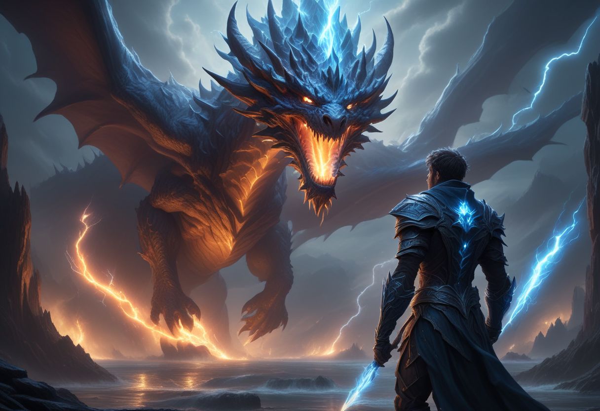 blue theme, lightning, dragon, sunset, signature, water, nature, 1other, building, Standing, 1boy, Beard, death cyborg necromancer boy, darkforce wave,  (((masterpiece, extremely detailed, focused flash photo, amazing quality, best quality, hyper detailed, ultra detailed, HDR, UHD, perfect anatomy, dof, hyper-realism, majestic, awesome, inspiring, ray light, RAW photo, extremely details, stunning, high quality, photorealistic , beautiful, symmetrical eyes, symmetrical face, dramatic lighting, detailed atmosphere, intricate details, volumetric lighting, high resolution, 8k, best quality, hyper detailed, ultra detailed, ultra high definition, super sharp focus, great detail of textures)))
