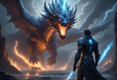 blue theme, lightning, dragon, sunset, signature, water, nature, 1other, building, Standing, 1boy, Beard, death cyborg necromancer boy, darkforce wave, (((masterpiece, extremely detailed, focused flash photo, amazing quality, best quality, hyper detailed, ultra detailed, HDR, UHD, perfect anatomy, dof, hyper-realism, majestic, awesome, inspiring, ray light, RAW photo, extremely details, stunning, high quality, photorealistic , beautiful, symmetrical eyes, symmetrical face, dramatic lighting, detailed atmosphere, intricate details, volumetric lighting, high resolution, 8k, best quality, hyper detailed, ultra detailed, ultra high definition, super sharp focus, great detail of textures)))