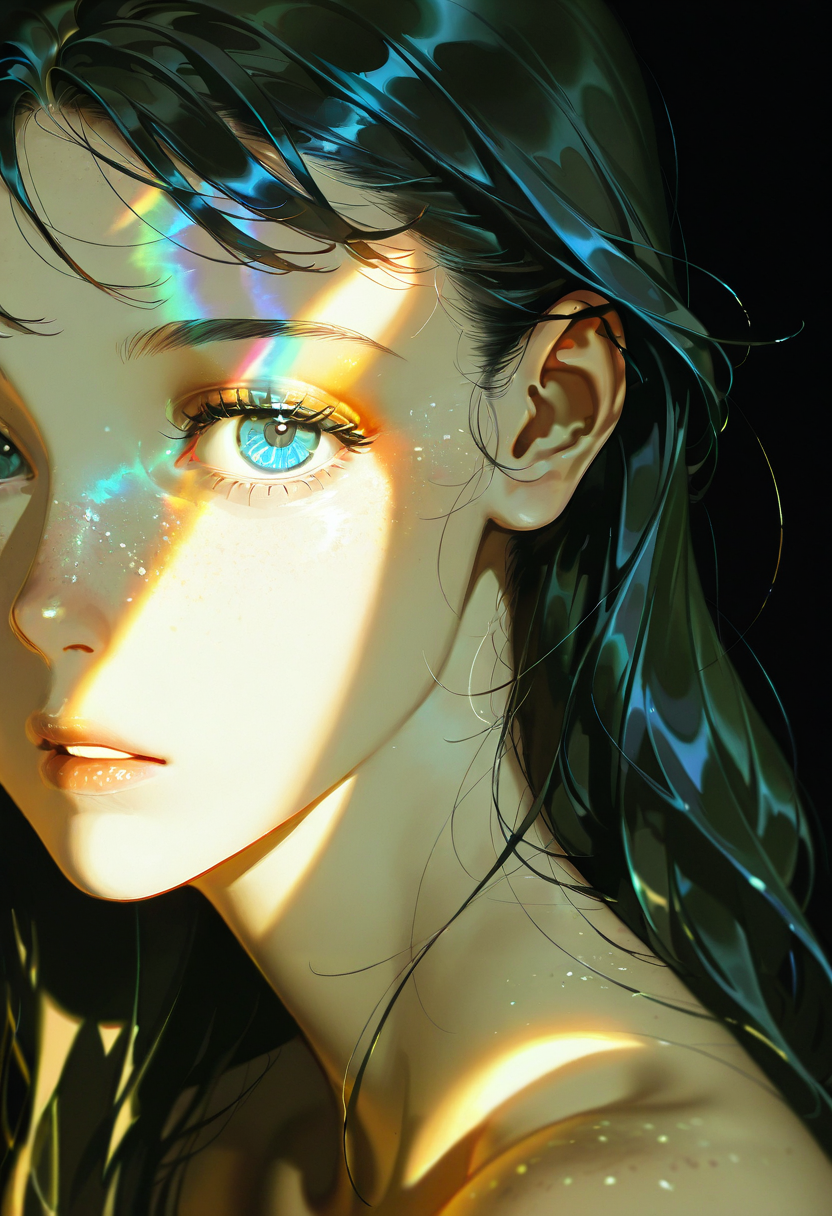 prism light, solo, 1girl, looking at viewer,black background, shadows,eyelashes, long hair,freckles,portrait,black hair,