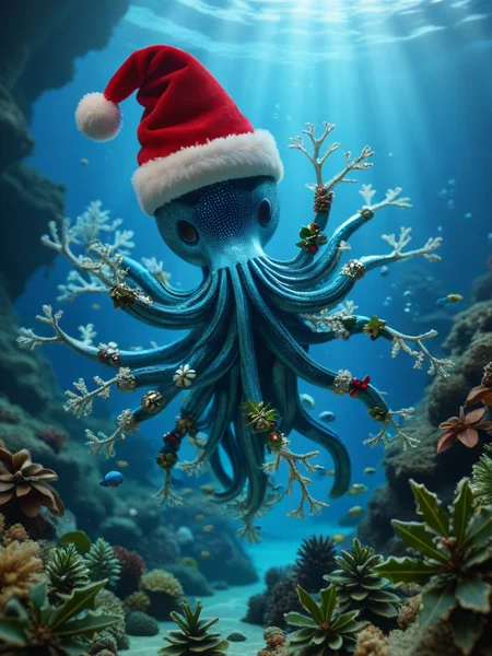 Animal Christmas, A whirling mandelbrot fractal multicoloured underwater whirlpool swirls its way to a blazing electric blue mystical lightsource
<lora:Animal_Christmas:1>