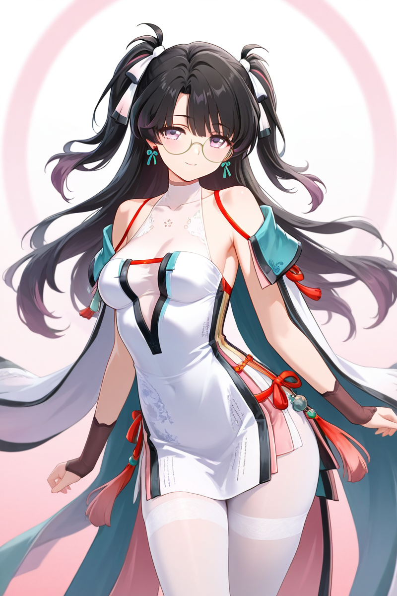 zhezhi,  purple eyes, chinese clothes, outfit 1, white pantyhose, round eyewear, 1girl, long hair, black hair, glasses, twintails, dress, black footwear, breasts, looking at viewer, bangs, purple eyes, thighhighs, bare shoulders, medium breasts, closed mouth, standing,  white dress, <lora:zhezhi_ww_illus:1> alone, sexy pose, cowboy shot, seductive smile, cape, earrings,