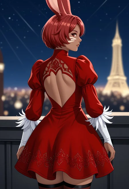 no2 type b dress, 1girl, animal ears, rabbit ears, viera, dress, solo, cosplay, feather-trimmed sleeves, short hair, blurry background, puffy sleeves, red hair, back cutout, from behind, blurry, facial mark, clothing cutout, long sleeves, looking back, looking at viewer, thighhighs, red dress, juliet sleeves, whisker markings, feather trim, dark-skinned female, city background, outdoors, dusk, night sky, BREAK PonyXLV6_Scores