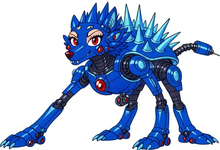 source_furry, hari harry, friender, wolf, hedgewolf, megaman, megaman3, needle wolf, spikey shell, red eyes and gem (on body), claws, robotic, friender, hedgewolf, spike, spike head, spikey shell, boss, robot, solo, (female:2), full body, looking at viewer, simple background, anthro, Artifyber_style, kind, calm, cute pose