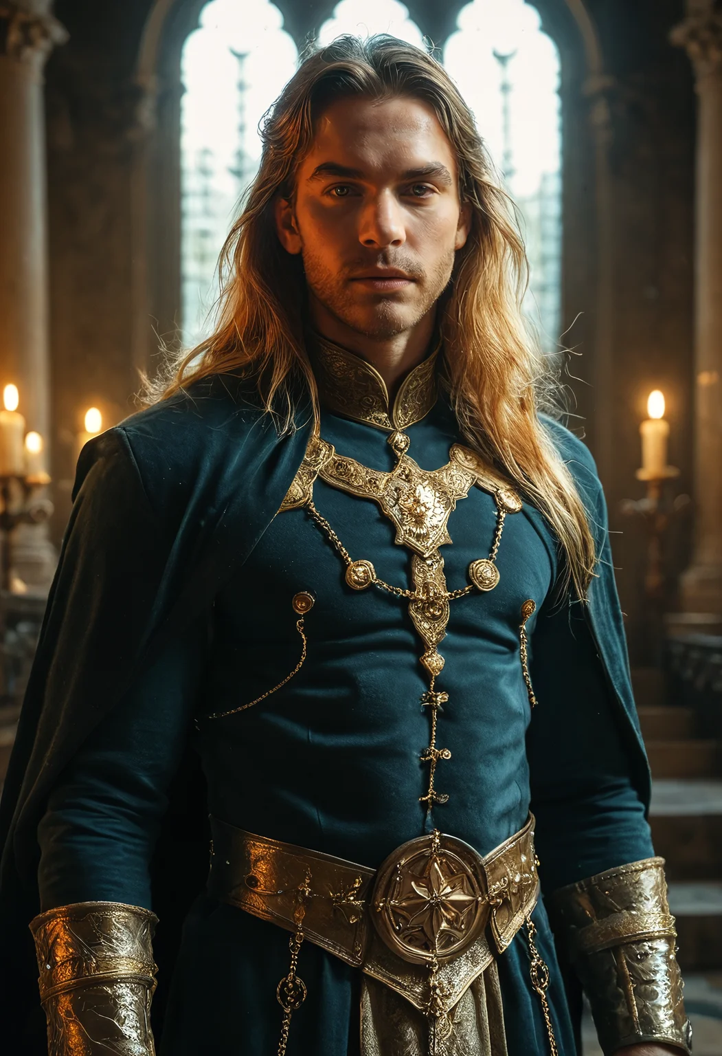 score_9, score_8_up, score_7_up, solo, male, human, prince, long hair, noble attire, velvet cloak, embroidered details, standing in throne room, ambient light, candlelight reflections, golden highlights, high fantasy, soft focus, cinematic lighting, dramatic shadows, highly detailed, depth of field, 85mm lens, 8k