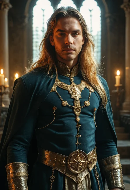 score_9, score_8_up, score_7_up, solo, male, human, prince, long hair, noble attire, velvet cloak, embroidered details, standing in throne room, ambient light, candlelight reflections, golden highlights, high fantasy, soft focus, cinematic lighting, dramatic shadows, highly detailed, depth of field, 85mm lens, 8k