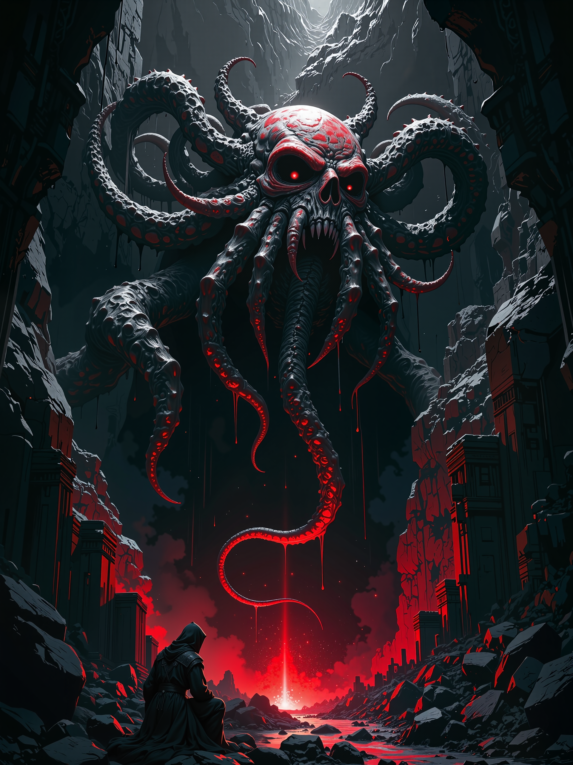 epic and highly aesthetic masterwork fantasy painting, highly detailed, hyper realistic, refined details, intricate, dramatic, 8k, 4k, touched by a repugnant tentacle, i climb desperately to escape, from this place of death, this nightmare of dreamlands, in sunless and eternal depths, the peaks of thok, silence and blackness, in the mouth of madness, i sink, i fall, in the eternal darkness, night-gaunts, blindness, in the mouth of madness, i sink, i crawl, perfect hands, gothic fantasy, eldritch, dark, ancient horrors, unfathomable abyss, crumbling temples, ancient ruins, lovecraftian, cthulhu mythos, best_of, 
<lora:style-luis_royo-flux-by_tosave:0.76>
<lora:best_of-v3-flux-by_dark_infinity:0.8>
<lora:anti-blur-flux-by_vadimfedenko:2.0>