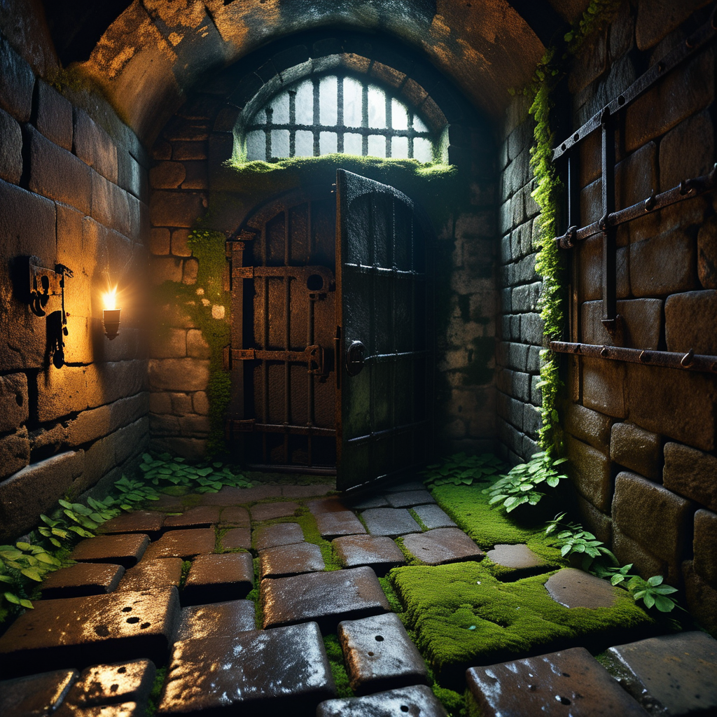 A dark and grim medieval castle dungeon, designed for imprisoning captives. The walls are made of aged, damp stone bricks, cracked and worn with time, with patches of moss and moisture seeping through. The small, claustrophobic space is lit by a single flickering torch mounted on the wall, casting long, eerie shadows across the room. Rusted iron bars form a heavy prison door with a corroded lock and hinges, partially ajar or firmly shut. The floor is rough, uneven stone, covered in dirt and faint stains, hinting at years of suffering. Chains hang loosely from rusted hooks embedded in the walls, their metal corroded and worn. In one corner, a small, grated window lets in a thin sliver of cold, pale light, emphasizing the dungeon's oppressive and hopeless atmosphere. The air feels damp, stale, and heavy with silence, evoking a chilling sense of isolation and despair.
<lora:SDXLFaeTastic2400:0.4> <lora:extremely_detailed:0.4> extremely detailed, Masterpiece,best quality,hi res,8k,hi res,8k,award winning,(sharp focus, intricate, highly detailed),