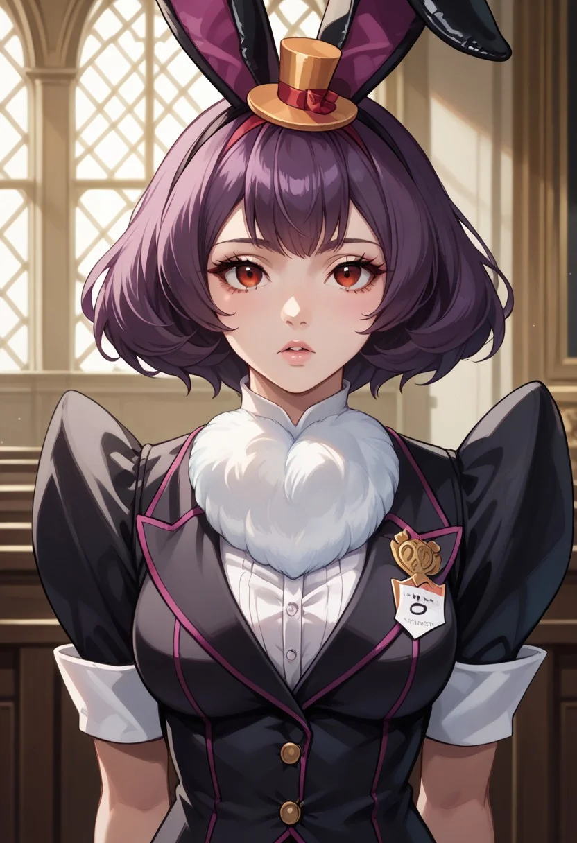 anime artwork, score_9, score_8_up, score_7_up, score_6_up, score_5_up, solo, perfect eyes, detailed eyes, beautiful female, detailed face, dynamics lines, 20 year old, perfect beautiful face, long eyelashes, sharp eyes pupils, (inside the palace:1.3), (upper body:1.5), medium breasts, (front view:1.2), 1 girl, purple hair, short hair red eyes, rabbit ears, top hat, lop ear