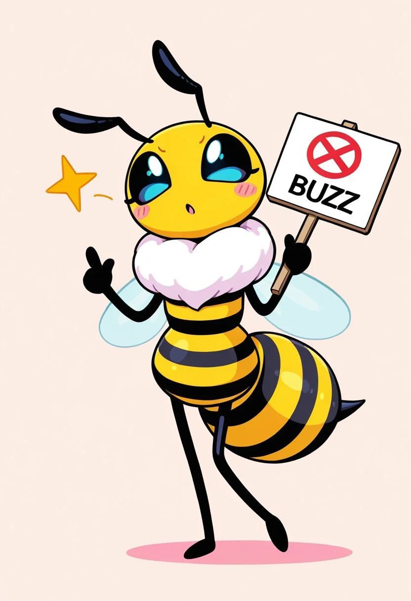 A bee, asking for buzz with a sign, sign that says buzz