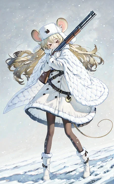 1girl,solo,petite,blonde hair,mouse girl,mouse tail,golden mouse ears,long hair,white_ushanka,Oversized Hood with fluffy edges,
Long White winter coat with fur edges,(white Fur Trim:1.2),white snow shawl with fur edges,warm_pantyhose,Waist Belt,Layered Design,white_boots,gloves,
cinematic_angle,Volumetric Lighting,(sick:1.3),> <,standing,(hugging shotgun against chest With Both Hands:1.5),(wind:1.2),(snowstorm:1.2),best quality,masterpiece,absurdres,wallpaper,(ningen mame:0.9),,<lora:rafaelaaa:0.8>,,,