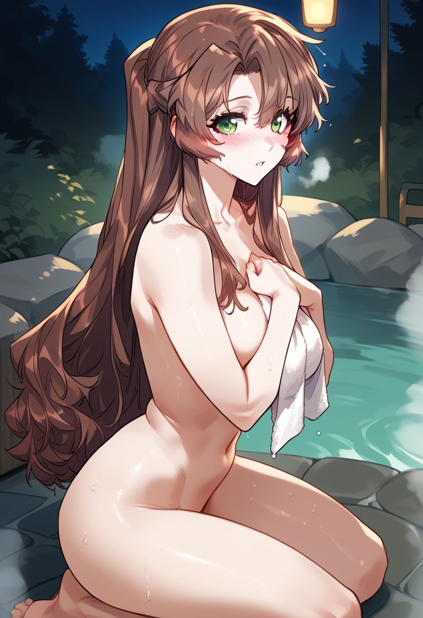 zPDXL3, score_9_up, score_8_up, score_7_up, (Anime_source), 1girl, ChloeBattenberg, green eyes, brown hair, long hair, nude, towel, covering, parted lips, kneeling in hot tub, outside, night, trees, cowboy shot, steam, wet, looking at viewer, from side, from above, blush