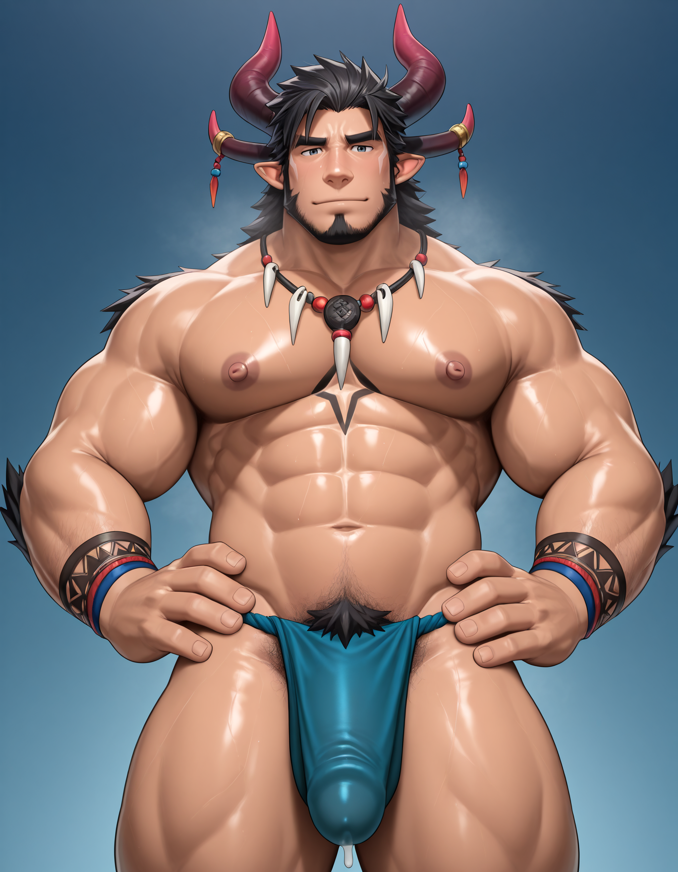 male,manly,solo,adult,mature male,facial hair,muscular,steaming body,standing,looking at viewer,fundoshi,hand on own hip,pubic hair,(detailed eyes:1.2, detailed face, nice eyes),facing viewer,masterpiece,best quality,high resolution,ultra-detailed,precum through clothing,nipple stimulation,<lora:0takas:1>,tribal,hybrid,horns,