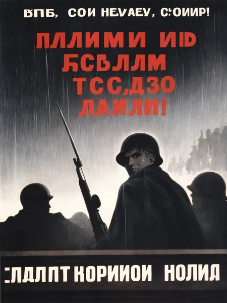 world war ii, heavy rain, dark, night, wet, forest, multiple boys, half body, 1male, military, army, looking back, marching, walking towards distance, unifrom, green cape, steel helmet, holding rifle, s-m, russian text, silhouette, red and black monochrome, poster \(medium\),
<lora:sovposter-NOOB-V-PRED1.0_V1_dim32:1>