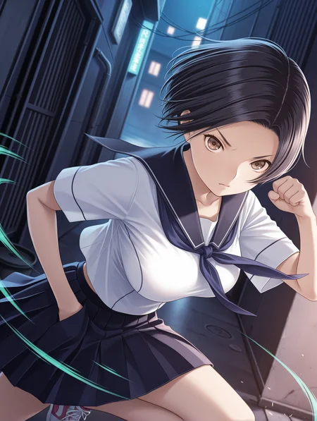 masterpiece,best quality,newest,1girl,solo,
<lora:kobayakawa_rinko_ilxl_v1:1>,k_rinko,black hair,
r_s_clothes,white shirt,short_sleeves,blue neckerchief,pleated skirt,sneakers,big breasts,
<lora:Fixhands_anime_bdsqlsz_V1:1>,looking at viewer,(motion_blur:1.3),(motion line:1.2),(speed_lines:1.1),fighting_stance,aura effect,fighting,dynamic_angle,cinematic_angle,serious,kicking,alley,night,hand in pocket,clenched hand